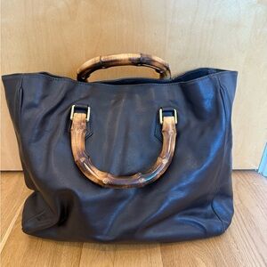 Leather Brown Tote Bag with Bamboo Accents
